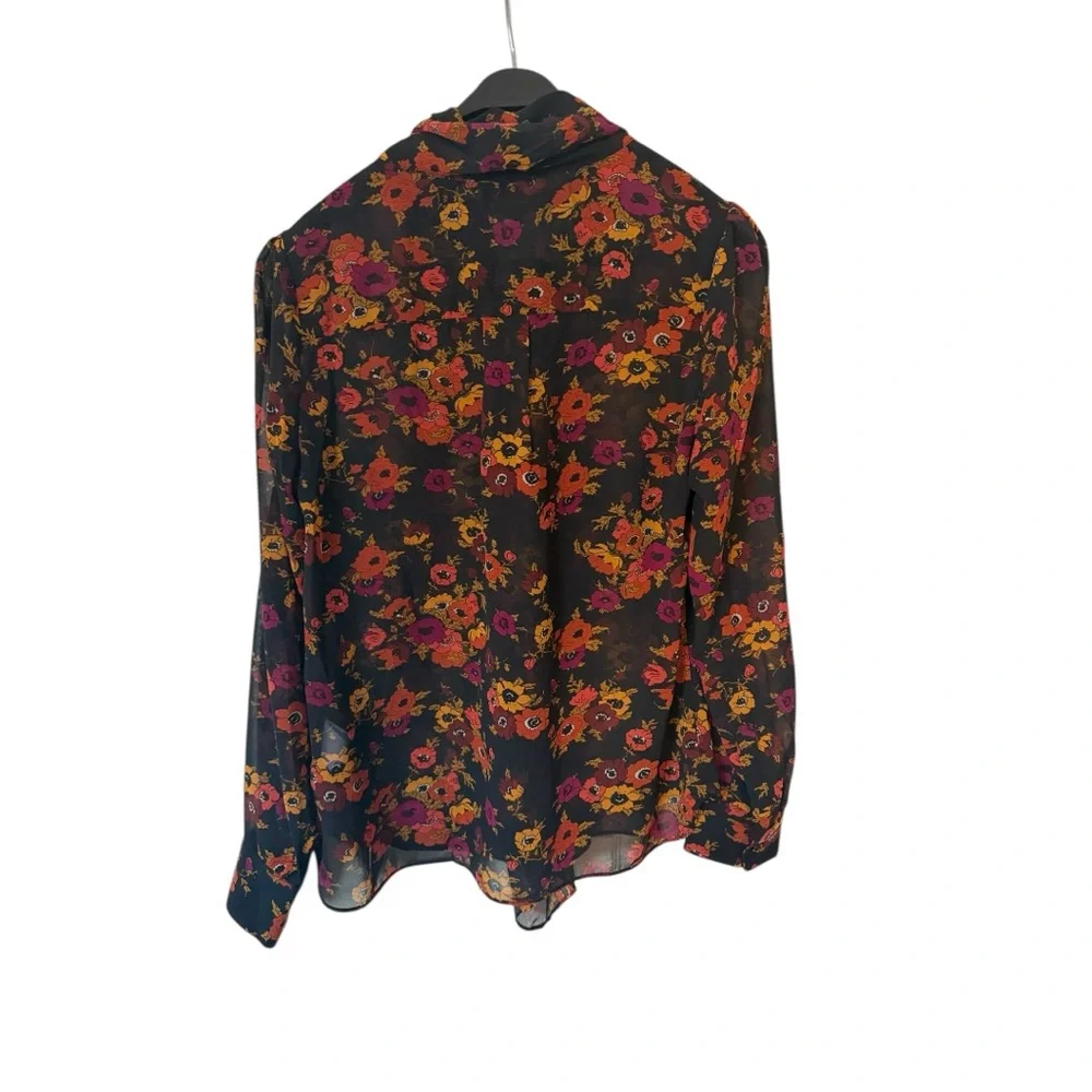 Molly Bracken M Black Floral Tie Neck Blouse Chiffon Long Sleeve Top - Picture 3 of 7